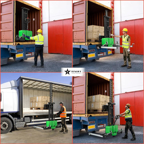 Heavy Duty Electric Walking Pallet Stacker Packs Rock Solid Two Thousand Two Hundred Pound Muscle for loading and unloading containers.