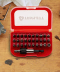 Security Bit Set 32 Piece Tamper Proof Kit With 30 Industrial Grade Bits Heavy Duty Phillips Torx Hex Spanner Tamper Tools And Quick Release Quarter Inch Magnetic Drill Adapter Included in red case on workbench