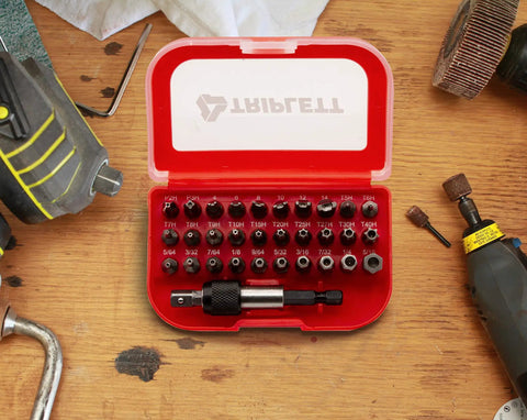 Security Bit Set 32 Piece Tamper Proof Kit With 30 Industrial Grade Bits Heavy Duty Phillips Torx Hex Spanner Tamper Tools And Quick Release Quarter Inch Magnetic Drill Adapter Included in red case on workbench