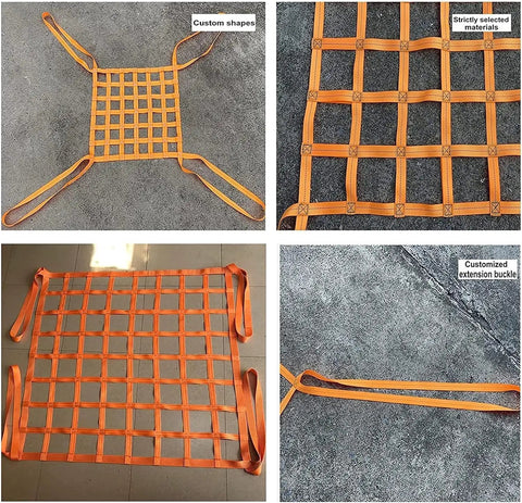 Heavy Duty Rock Solid Cargo Lifting Net 2X2 Meter with extended corner slings and customized extension buckle for lifting.