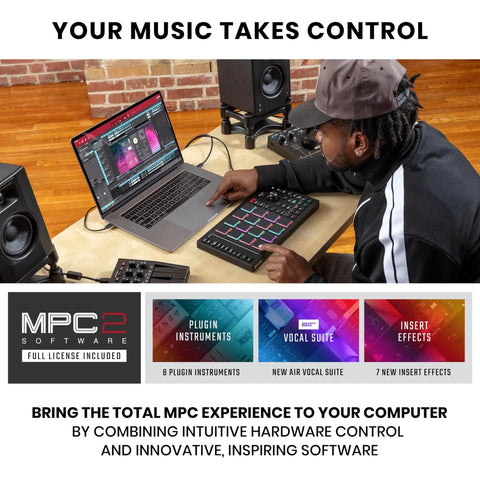 Dope Beat Making MIDI Controller With 16 Velocity Sensitive RGB Pads And Aftertouch in use with MPC software on laptop