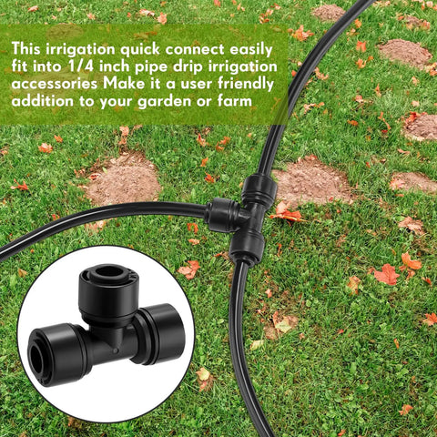 30 Piece Drip Irrigation Tee Connectors for Quarter Inch Tubing Quick Connect Fittings Black Built For Leak Free Connections and Efficient Water Distribution in Your Home Garden Sprinkler Setup installed in grass.