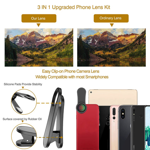Comparison of 3 In 1 Phone Lens Kit For Android With 198 Degree Fisheye, 120 Degree Wide And Macro showing enhanced image quality.