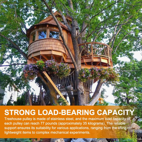 Heavy-Duty Treehouse Pulley System Kit With Dual Pulleys Nylon Rope Hooks Lifting Plates And Rope Cleat For Easy DIY Treehouse Lifts And Projects Ready To Use, treehouse lift kit on wooden treehouse with hanging flower baskets