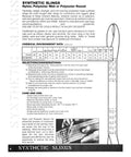 Synthetic nylon lifting slings catalog page showing an eye-to-eye rigging diagram and a hand handling webbing.