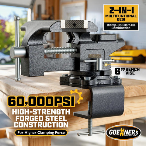 Beefy 6 Inch Bench Vise With Forged Steel Construction, Built In Pipe Jaw And Swivel Base, Clamp On Or Bolt On Mount, Table Vise For Woodworking, Home Shop Use And Diy Projects on workbench