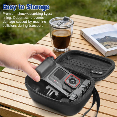 Person holding Hard Shell Travel Case For Insta360 Ace Pro 2 Xplore Grip Pro Bundle with camera inside near coffee cup