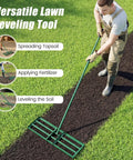 30 By 10 Inch Lawn Leveling Rake For Soil Sand Dirt Beefed Up Heavy Duty Ground Leveler used by person on dark soil patch