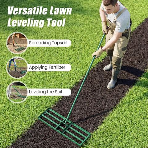 30 By 10 Inch Lawn Leveling Rake For Soil Sand Dirt Beefed Up Heavy Duty Ground Leveler used by person on dark soil patch