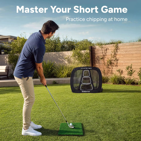 Chipster PRO Golf Chipping Net For Indoor And Outdoor Practice With Pop-Up Target shown in backyard setup with golfer practicing