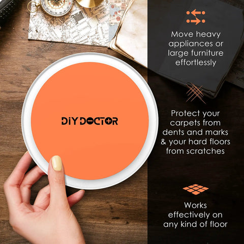Person holding round orange slider from 8 Piece Heavy Furniture Sliders Set With Large And Small Pads For Moving Couches Sofas Beds And Appliances On Carpet Hardwood Or Tile Reusable Floor Protectors Orange.