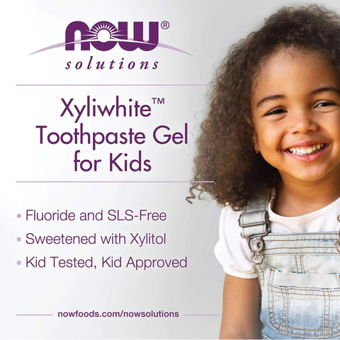 Smiling child beside Bubblegum Splash XyliWhite Kids Toothpaste Gel Fluoride Free SLS Free Sugar Free Gluten Free image.