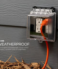 Outdoor Electrical Outlet Cover, Dual Gang Weatherproof Enclosure For Wet Locations, Waterproof Box Plug Covers, Black, UL Extra-Duty Rated installed on wall.