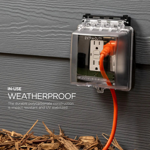 Outdoor Electrical Outlet Cover, Dual Gang Weatherproof Enclosure For Wet Locations, Waterproof Box Plug Covers, Black, UL Extra-Duty Rated installed on wall.