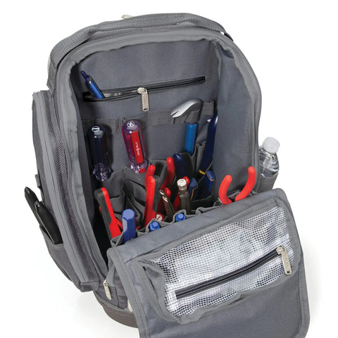 20 Inch Hard Bottom Tool Backpack Built Tough With Durable 1800D Polyester And Top Grain Leather Padded Cooling Liner And Shoulder Straps