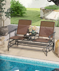 Two Person Cozy Outdoor Swing Glider Chair With Center Tempered Glass Table Patio Rocking Loveseat On Sturdy Steel Frame With Breathable Mesh Cushions For Porch Balcony Or Poolside Brown Finish