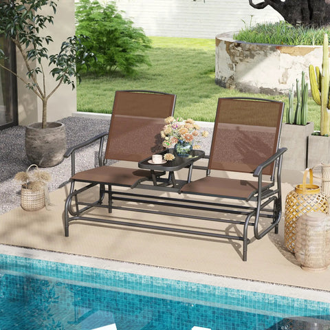 Two Person Cozy Outdoor Swing Glider Chair With Center Tempered Glass Table Patio Rocking Loveseat On Sturdy Steel Frame With Breathable Mesh Cushions For Porch Balcony Or Poolside Brown Finish