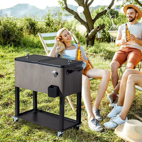 80 Quart Rolling Patio Cooler With Bottle Opener And Cap Catcher, Portable Ice Chest On Wheels in use at a backyard party scene