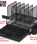 Mesh Desk Organizer With Sliding Drawer And Double Tray, Five Upright Sections For Files And Office Supplies, Black Finish