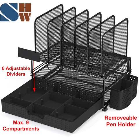 Mesh Desk Organizer With Sliding Drawer And Double Tray, Five Upright Sections For Files And Office Supplies, Black Finish