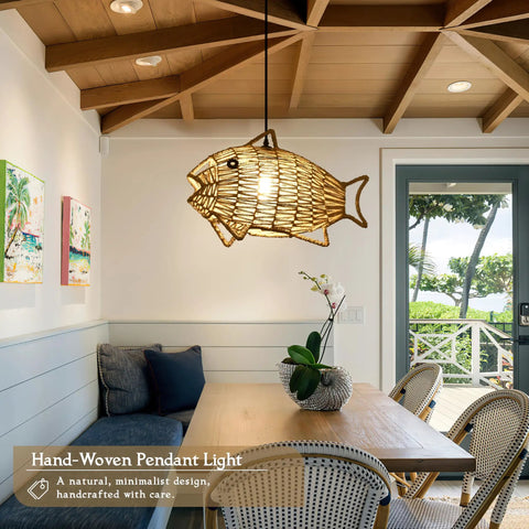 Woven Pendant Light Dope Boho Chandelier With Fish Shape Rustic Farmhouse Hemp Rope Rattan Fixture illuminating a dining room.