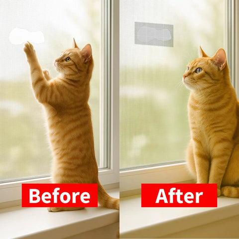 Before and after comparison of a window screen repaired with Fiberglass Screen Repair Tape 2 In By 20 Ft With Strong Adhesive Mesh Patch.