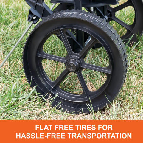 Close-up of flat free tire on 50 Lb Push Lawn And Garden Broadcast Spreader For Seed And Fertilizer, Walk Behind, Rust Proof Poly Hopper