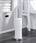 Heavy Duty Toilet Paper Stand With Weighted Base Holds Four Jumbo Rolls Sturdy Rust Resistant Storage in bathroom setting