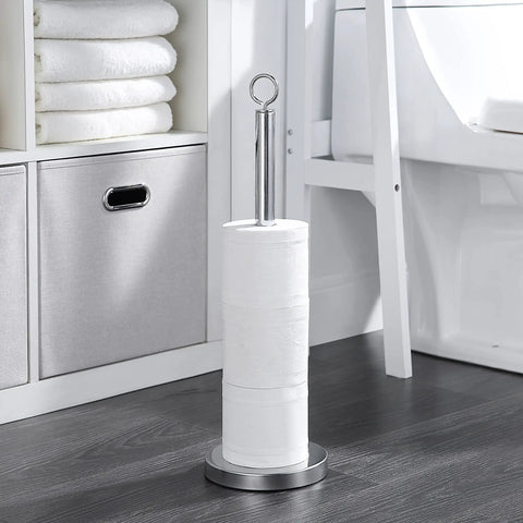 Heavy Duty Toilet Paper Stand With Weighted Base Holds Four Jumbo Rolls Sturdy Rust Resistant Storage in bathroom setting