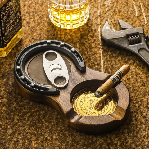Wooden Cigar Ashtray With 3 Slots, Coaster And Whiskey Glass Tray, Handmade Horseshoe Design, and cigar in use. Grey.