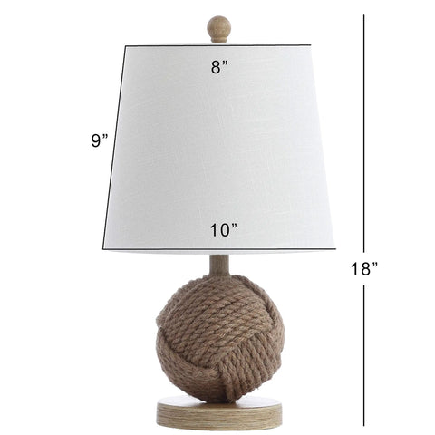 Natural Monkey Fist Rope Ball LED Table Lamp 18 Inches Coastal Nautical Iron And Rope Accent With White Linen Shade Energy Saving LED Bulb Included Perfect For A Chill Living Room Or Bedroom Decor with dimensions