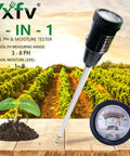 All In One Soil PH Tester And Moisture Light Meter With 11.6 Inch Probe No Battery Needed For Gardeners And DIYers, shown in use outdoors.