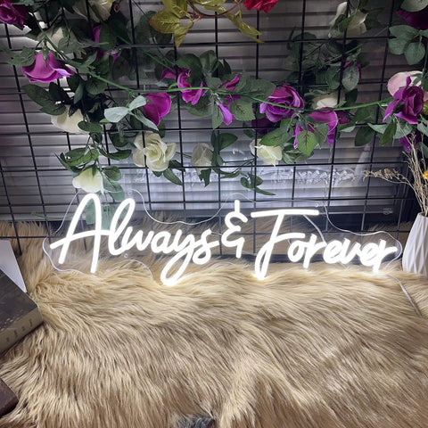 Always & Forever neon sign with flowers, Forever Neon Sign For Weddings And Parties, Cold White LED Wall Decor