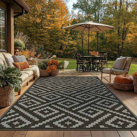 Patio with Durable 5x8 Outdoor Rug For Patio And RV Use, Waterproof Reversible Plastic Mat, geometric black and gray design