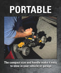 Portable Heavy Duty 2 Ton Cat Wheelie Off-Road Trolley Jack with oversized wheels being stored in a vehicle.