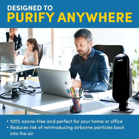 Office setting with man using laptop and Elite Pro Series air purifier; Premium Replacement Filters For Elite Pro Series Air Purifiers Pack Includes Two True Hepa Filters And Eight Activated Carbon Pre Filters That Knock Out Allergens Smoke Dust Pet Dander And Tough Odors Ideal For Homes With Pets Or Smokers