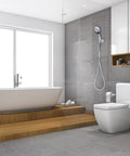 Bathroom with Six Spray Settings Hand Held Shower Head With Four Point Five Inch Head And Extra Long Stainless Steel Hose in chrome finish