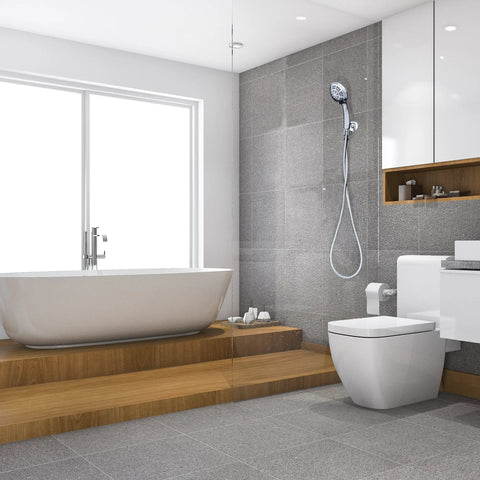 Bathroom with Six Spray Settings Hand Held Shower Head With Four Point Five Inch Head And Extra Long Stainless Steel Hose in chrome finish