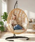 Oversized Hanging Egg Chair With Stand For Indoor And Outdoor Use Wicker Swing Chair With 400Lb Capacity Perfect For Bedroom Beige Nest