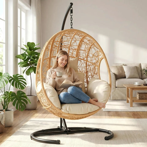 Oversized Hanging Egg Chair With Stand For Indoor And Outdoor Use Wicker Swing Chair With 400Lb Capacity Perfect For Bedroom Beige Nest