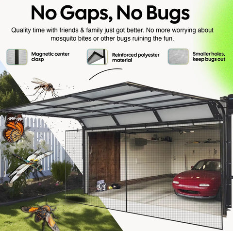 One Car Garage Screen Door With Magnetic Hands Free Closure installed, fits openings up to nine feet wide and seven feet tall