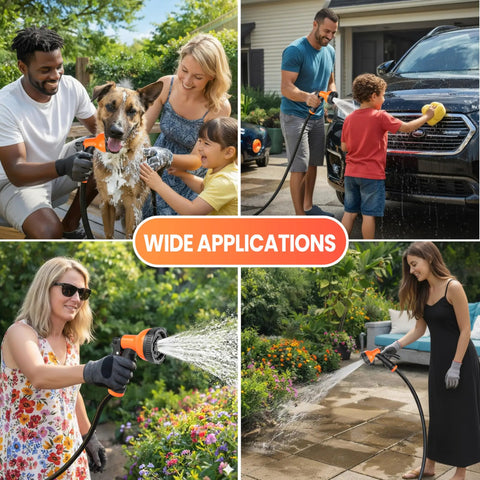 Retractable Garden Hose Reel with Wall Mount Heavy Duty 50 ft hose used for pet washing, car washing, gardening, and watering plants.