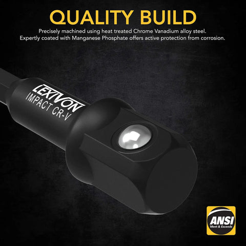 Close-up of 6 Piece Impact Socket Adapters Set With 3 Inch And 6 Inch Extensions Holder Includes One Quarter Inch Three Eighth Inch And One Half Inch Drive Adapters Converts Drill To High Torque Built Tough Impact Wrench Rust Resistant Black Phosphate Coated.