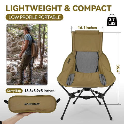 Lightweight Folding High Back Camping Chair With Head Support For Outdoor Adventures Stable Portable Comfort shown with bag