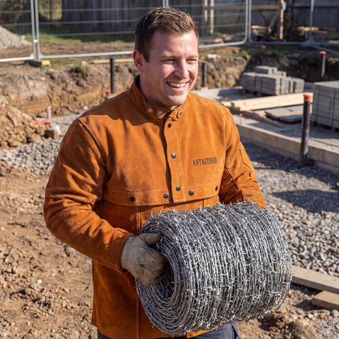 Man wearing Leather Welding Jacket With Open Back And Cape Sleeve, Bib Apron Style Welder Coat, holding barbed wire on construction site.