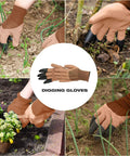 Garden gloves with digging claws used for planting and weeding in soil, showcasing brown protective gardening gloves.