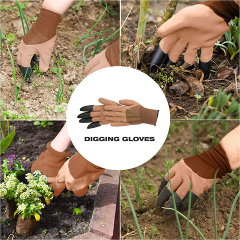 Garden gloves with digging claws used for planting and weeding in soil, showcasing brown protective gardening gloves.