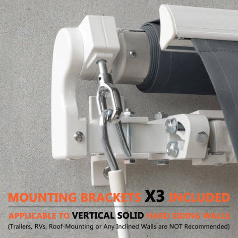 Close-up of crank handle and mounting brackets for 12x10 Ft Manual Retractable Outdoor Patio Awning With Easy Crank Handle Windproof And UV Protected Sun Shade Canopy For Deck Backyard Garden Or Balcony Water Resistant Gray Polyester Fabric.