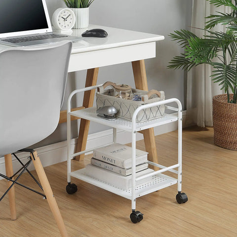 Sturdy White Two Tier Metal Rolling Utility Cart With Smooth Swivel Casters And Reinforced Steel Trays For Tight Quarters And Busy Desks That Truly Acts As A Legit Footprint Saver For Every Home Office Layout