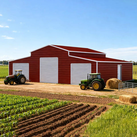 Heavy Duty Metal Garage Crafted From 14 Gauge Galvanized Steel And Three Rolling Barn Doors To Stack Your Wheels And Farm Gear While Crushing Rain Featuring Reinforced Frame Side Entrance And Rock Solid 13 Foot Outdoor Shelter Cover with tractors and crops.